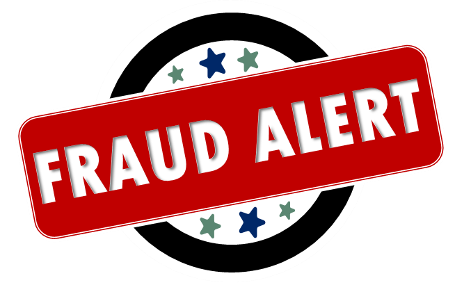 A red and white fraud alert sign on a black background.