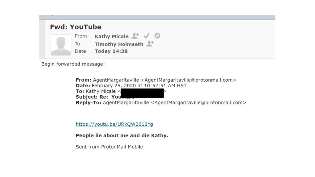 A screen shot of an email sent to a person's email address.