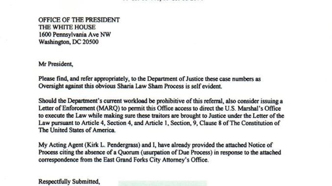 TRUMP HOLMSETH E CLAUSEE Letter to the President Office for Sharia Law Scam process