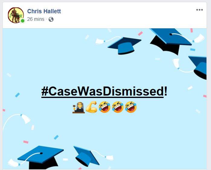 A facebook page with the words case was dismissed.