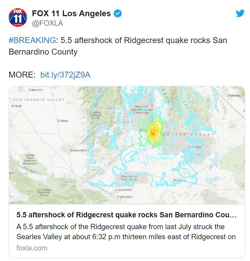 A map showing the location of a quake in california.