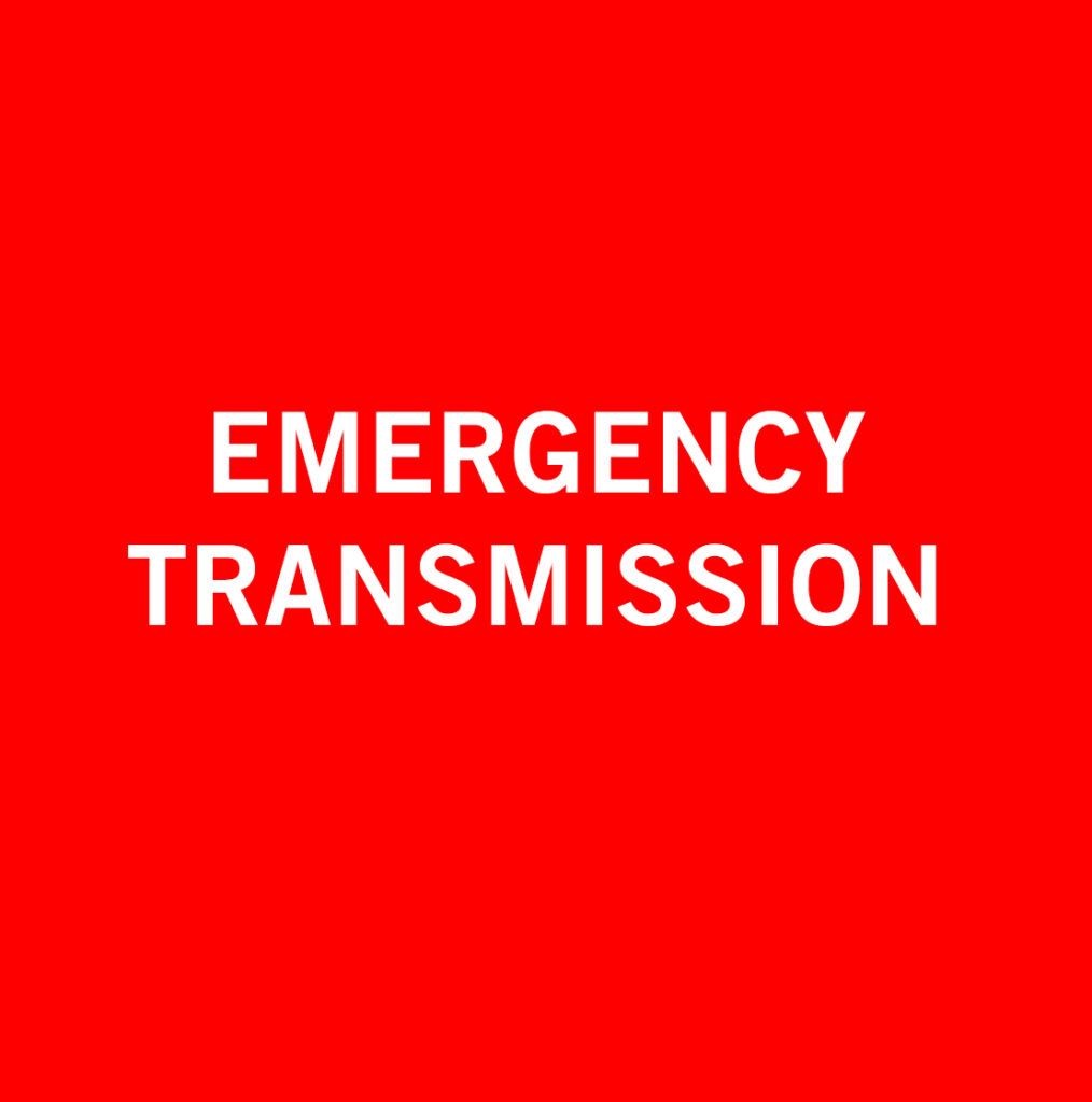 Emergency transmission on a red background.