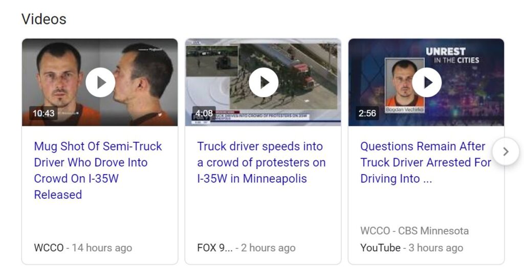 A screenshot of a google search page showing different videos.