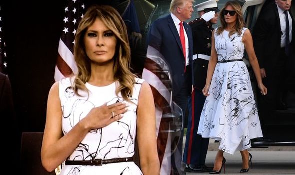 First lady melania trump in a white dress.