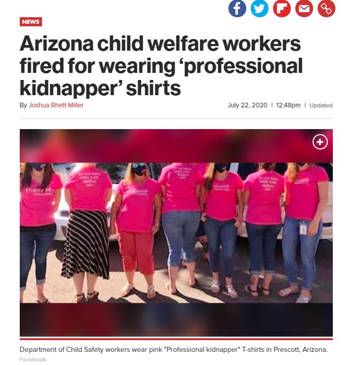 Arizona child welfare workers fired for wearing professional kidnapper shirts.