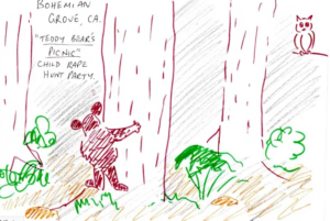 A drawing of a bear in the woods.