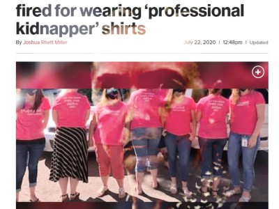 A group of women wearing pink shirts with the words fired for wearing professional kiddapper shirts.