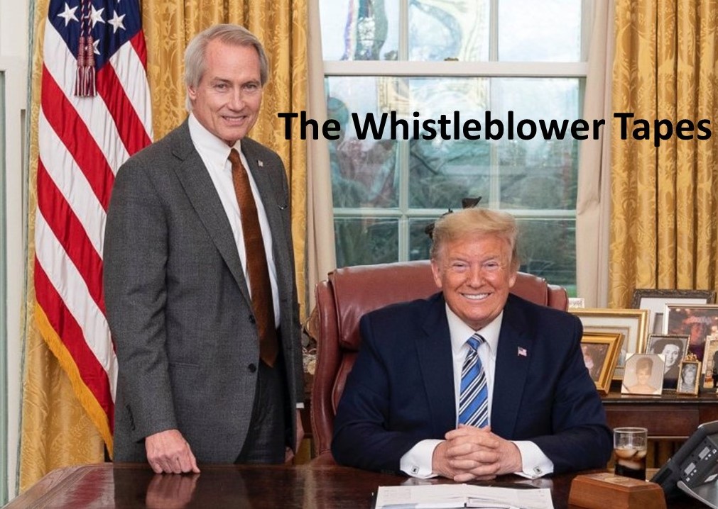 Two men sitting at a desk with the words the whistleblower tapes.