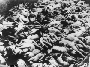 A black and white photo of a large group of dead people.
