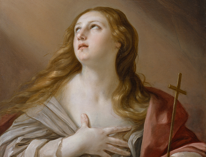 A painting of a woman holding a cross.