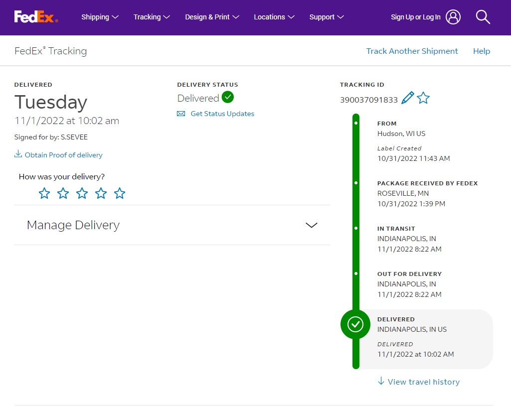 Fedex tuesday delivery screen shot.