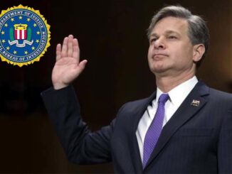 A Man in Suit Standing with Raised Hand and Logo of FBI