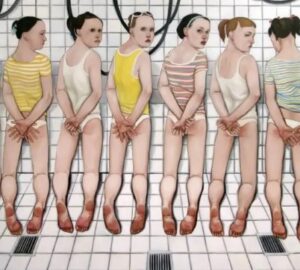 A painting of a group of girls in bathing suits.