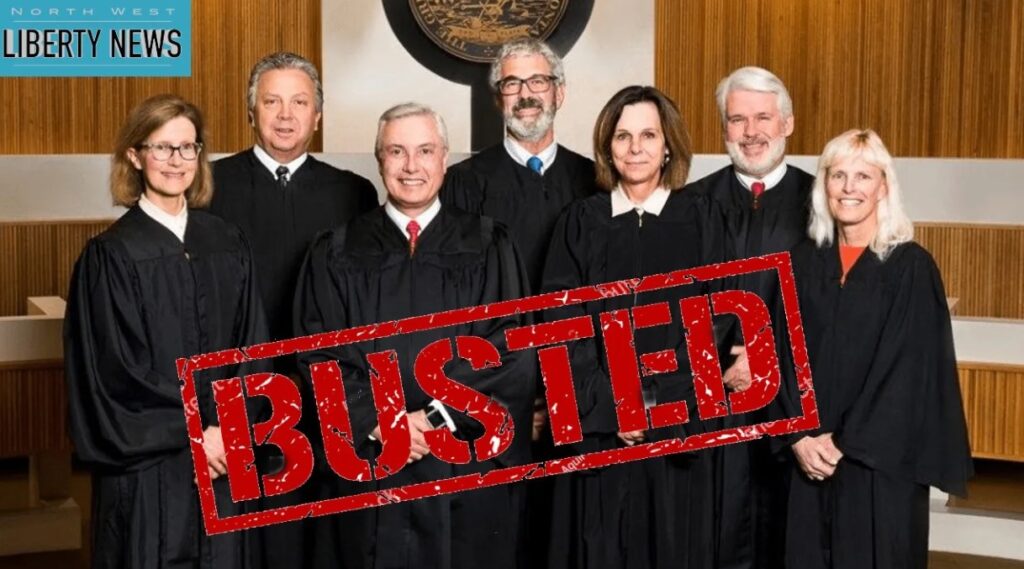 A group of people standing in front of a courtroom with the words busted.