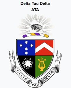 A crest with the words delta tau delta ata.