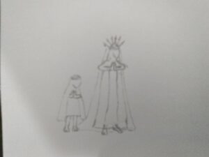 A drawing of a queen and a child.