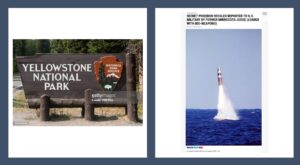 A picture of a yellowstone national park sign and a rocket.