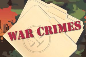 The word war crimes on a background of a camouflaged background.