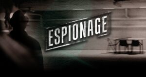 The cover of espionage with a man standing in front of a table.