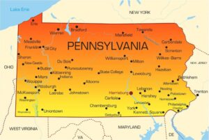 A map of pennsylvania with major cities and towns.