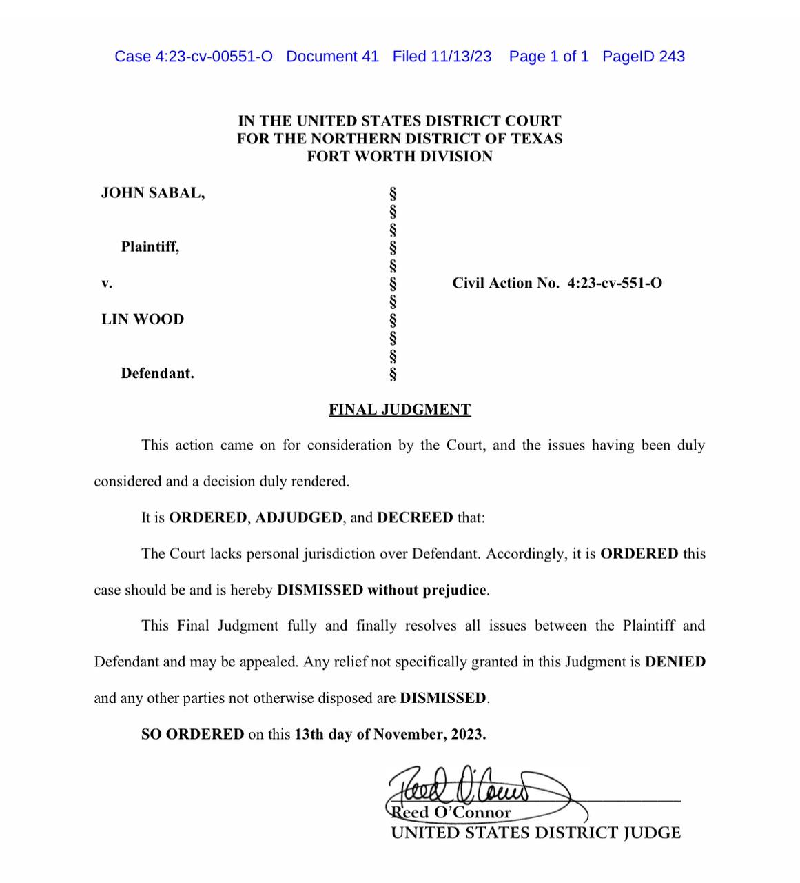 TEXAS FEDERAL JUDGE DISMISSES LIBEL LAWSUIT FILED AGAINST ATTORNEY LIN ...