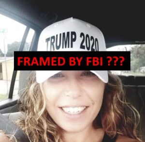 A woman wearing a hat that says trump 2020 framed by fbi?.