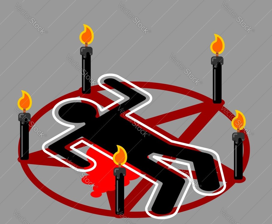 A man laying on a pentagram with candles.