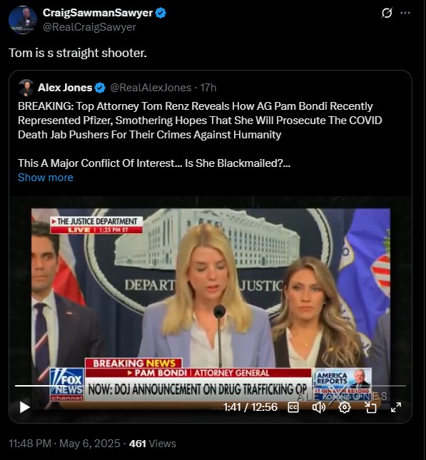 JEFFREY EPSTEIN CHILD PORN FALLOUT: ALEX JONES & CRAIG (SAWMAN) SAWYER BEGIN THEIR DOGWHISTLE BLACKMAIL CAMPAIGN AGAINST U.S. ATTORNEY GENERAL PAM BONDI