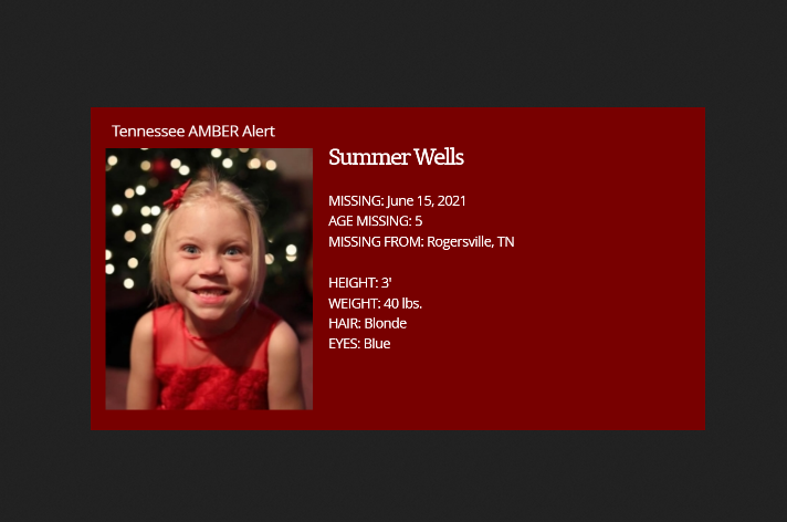 SUMMER WELLS AMBER ALERT TENNESSEE